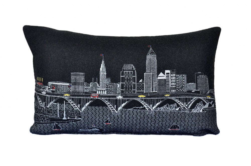 14" X 24" Dark Gray And White Cleveland Nighttime Skyline Lumbar Decorative Pillow