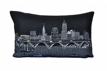 14" X 24" Dark Gray And White Cleveland Nighttime Skyline Lumbar Decorative Pillow