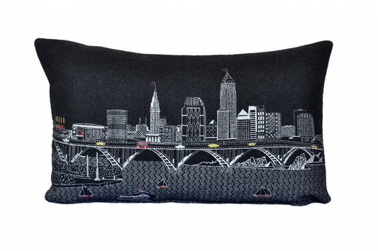 14" X 24" Dark Gray And White Cleveland Nighttime Skyline Lumbar Decorative Pillow