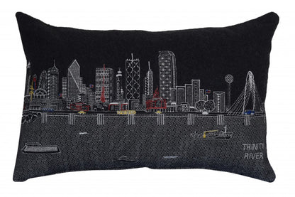 14" X 24" Dark Gray And White Dallas Nighttime Skyline Lumbar Decorative Pillow