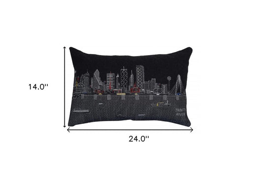 14" X 24" Dark Gray And White Dallas Nighttime Skyline Lumbar Decorative Pillow