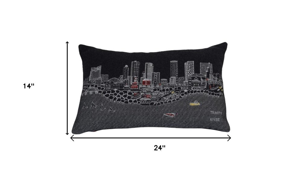 14" X 24" Black And White Fort Worth Nighttime Skyline Lumbar Decorative Pillow