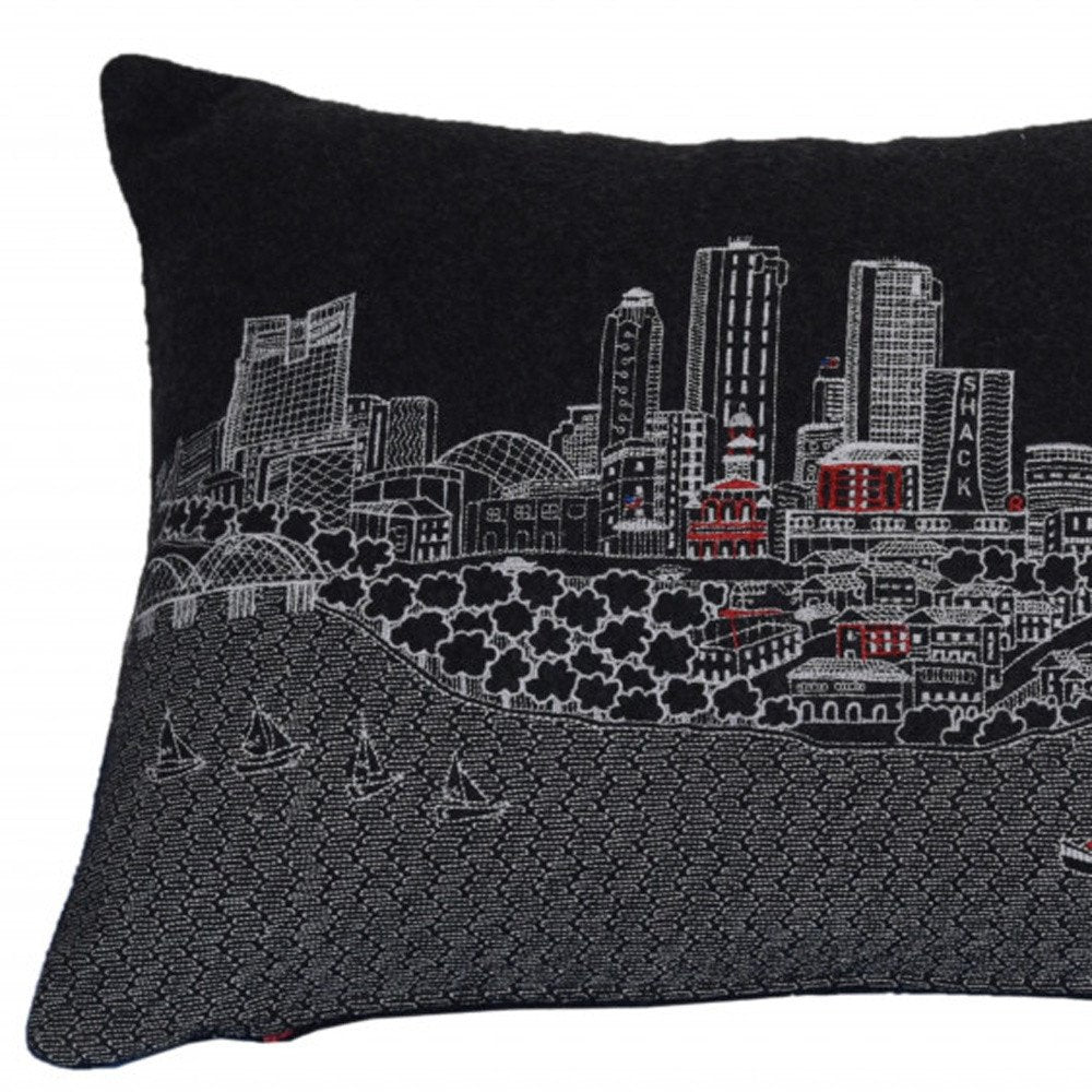 14" X 24" Black And White Fort Worth Nighttime Skyline Lumbar Decorative Pillow