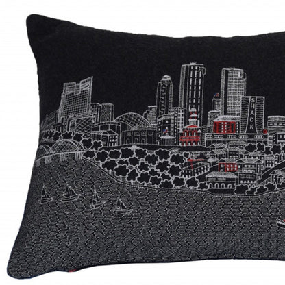 14" X 24" Black And White Fort Worth Nighttime Skyline Lumbar Decorative Pillow