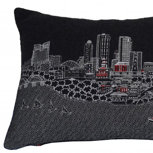 14" X 24" Black And White Fort Worth Nighttime Skyline Lumbar Decorative Pillow