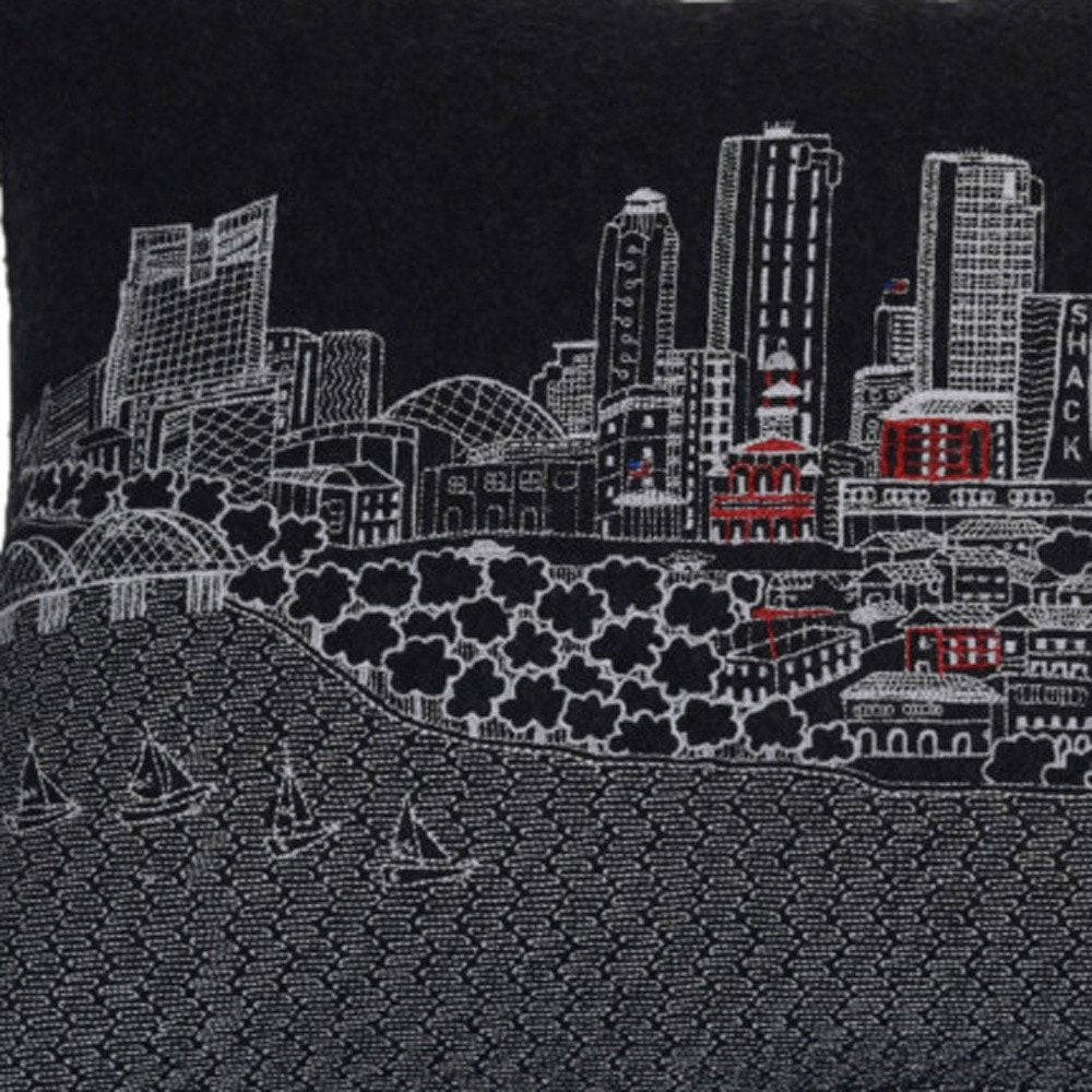 14" X 24" Black And White Fort Worth Nighttime Skyline Lumbar Decorative Pillow