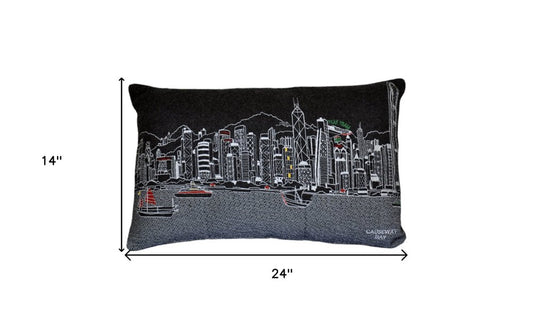 14" X 24" Dark Gray And White Hong Kong Nighttime Skyline Lumbar Decorative Pillow