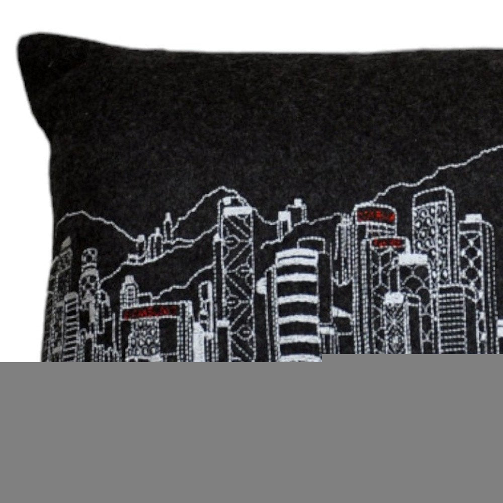 14" X 24" Dark Gray And White Hong Kong Nighttime Skyline Lumbar Decorative Pillow