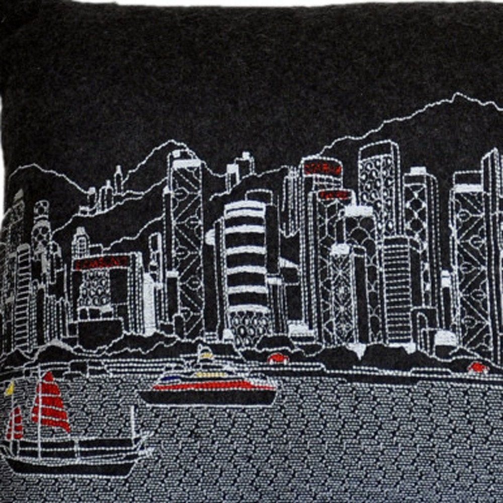 14" X 24" Black Gray and White Hometown Pride Wool Lumbar Throw Pillow