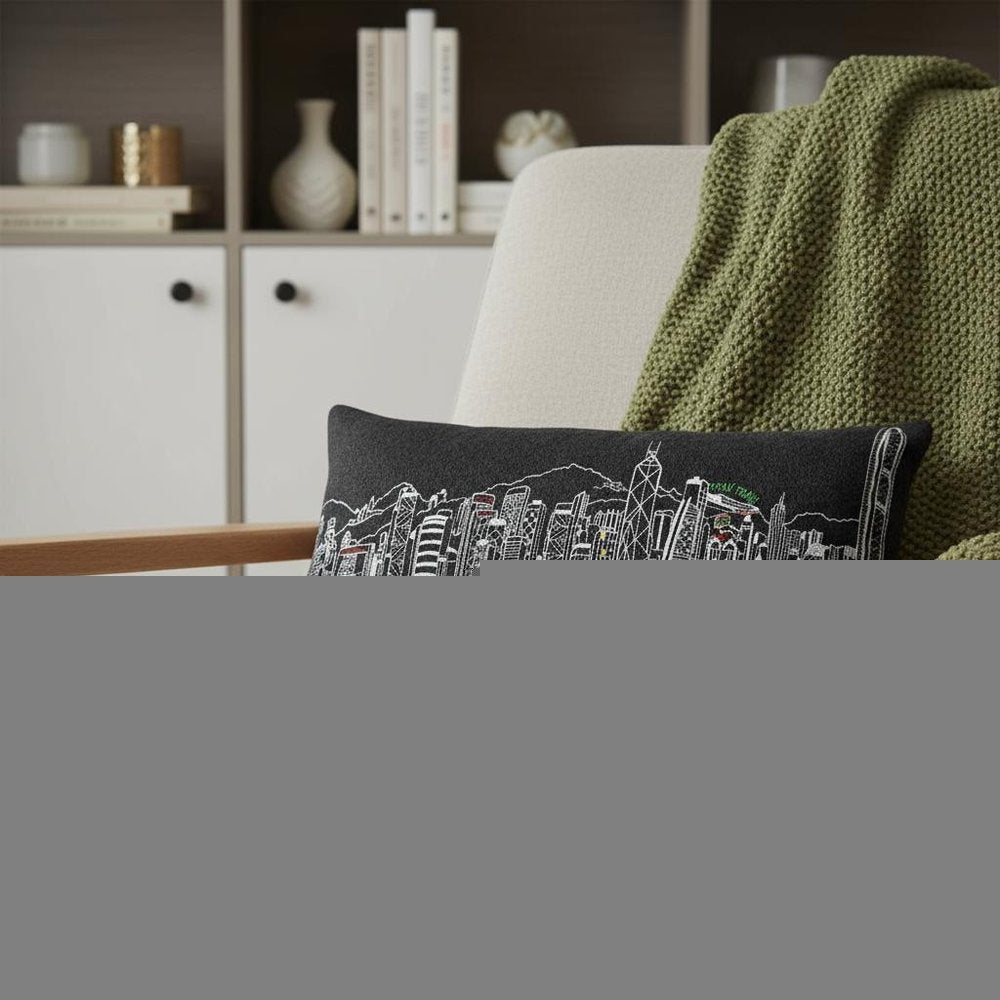 14" X 24" Dark Gray And White Hong Kong Nighttime Skyline Lumbar Decorative Pillow