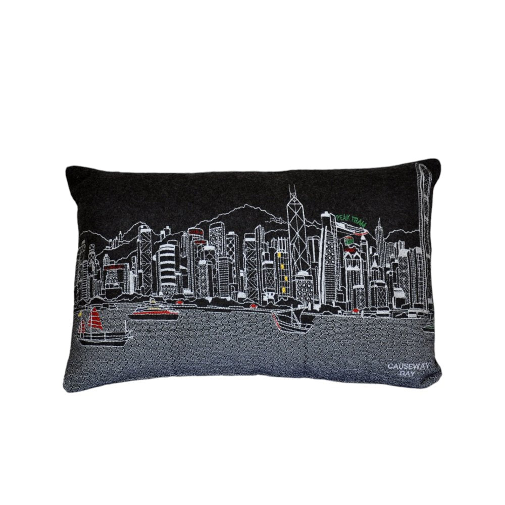 14" X 24" Dark Gray And White Hong Kong Nighttime Skyline Lumbar Decorative Pillow