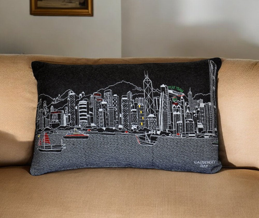 14" X 24" Black Gray and White Hometown Pride Wool Lumbar Throw Pillow