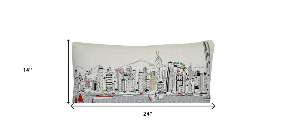 14" X 24" Cream Hong Kong Daylight Skyline Lumbar Decorative Pillow