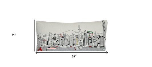 14" X 24" Cream Hong Kong Daylight Skyline Lumbar Decorative Pillow