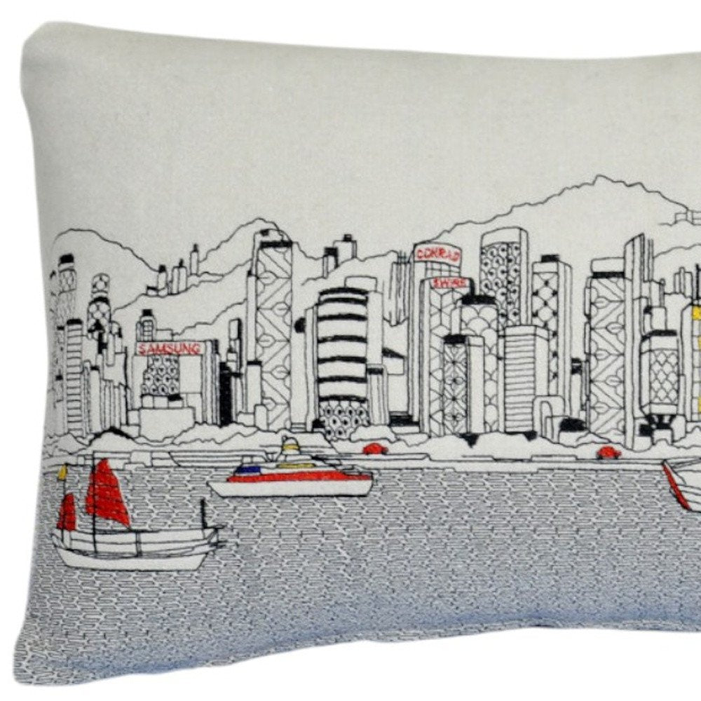 14" X 24" Cream Hong Kong Daylight Skyline Lumbar Decorative Pillow