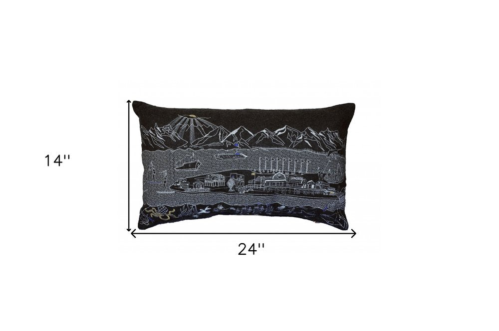 14" X 24" Dark Gray And White Homer Spit Nighttime Skyline Lumbar Decorative Pillow