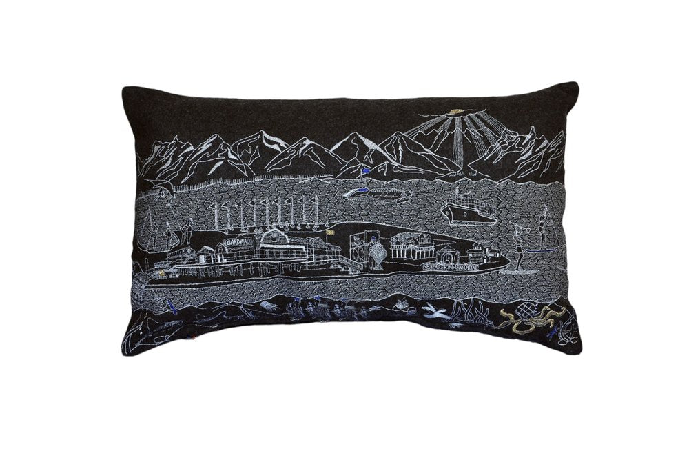 14" X 24" Dark Gray And White Homer Spit Nighttime Skyline Lumbar Decorative Pillow