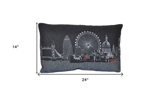 14" X 24" Dark Gray And White London Nighttime Skyline Lumbar Decorative Pillow