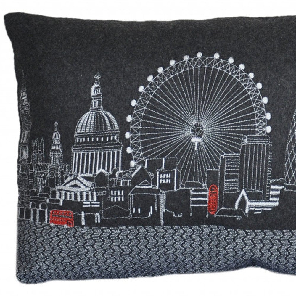14" X 24" Dark Gray And White London Nighttime Skyline Lumbar Decorative Pillow