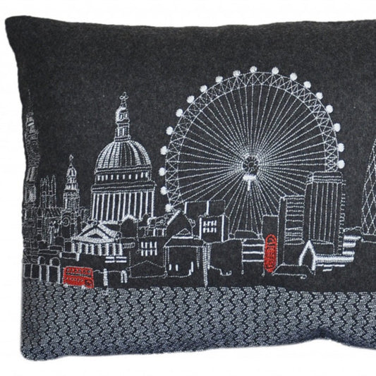 14" X 24" Dark Gray And White London Nighttime Skyline Lumbar Decorative Pillow