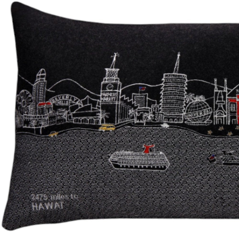 14" X 24" Dark Gray And White Los Angeles Nighttime Skyline Lumbar Decorative Pillow
