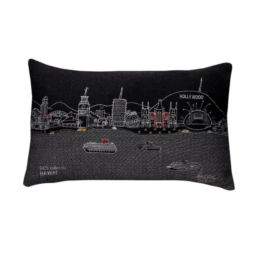14" X 24" Dark Gray And White Los Angeles Nighttime Skyline Lumbar Decorative Pillow