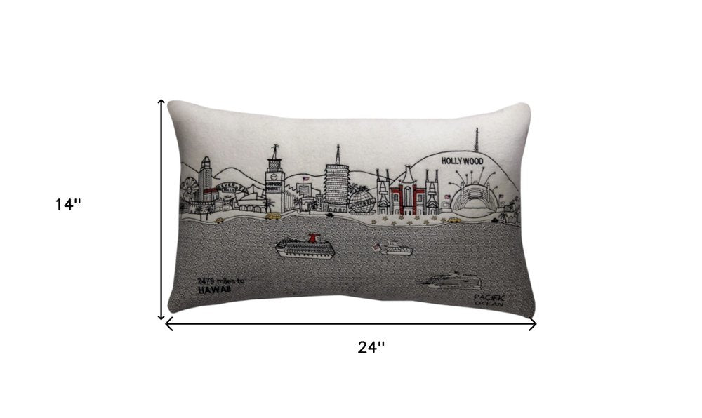 14" X 24" Cream Los Angeles Daylight Skyline Lumbar Decorative Pillow