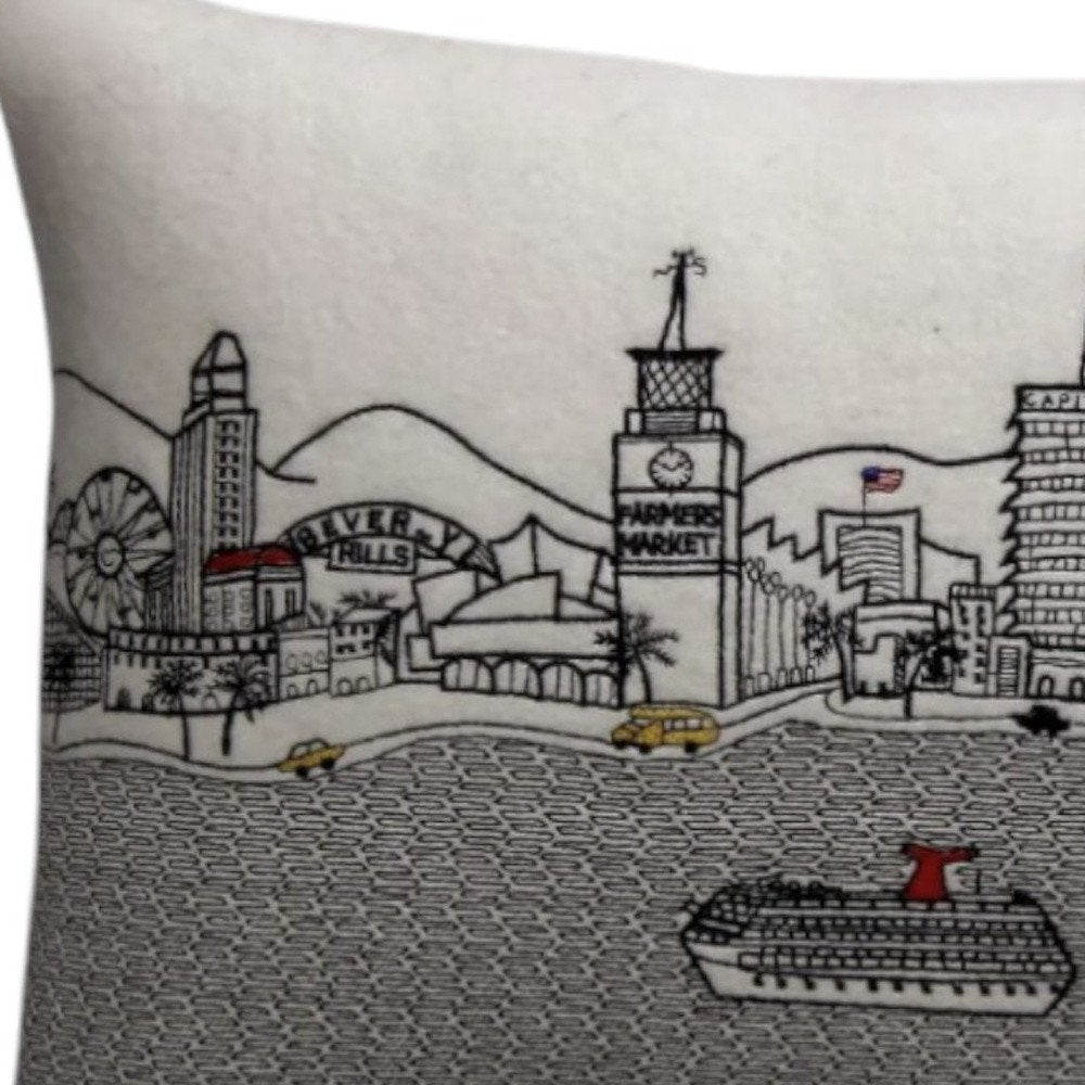 14" X 24" Cream Los Angeles Daylight Skyline Lumbar Decorative Pillow