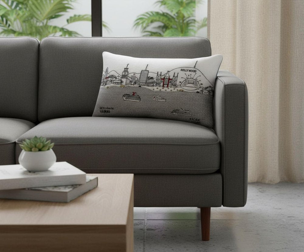 14" X 24" Cream Los Angeles Daylight Skyline Lumbar Decorative Pillow