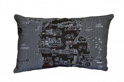 14" X 24" Dark Gray And White Michigan Lower Peninsula Nighttime Skyline Lumbar Decorative Pillow