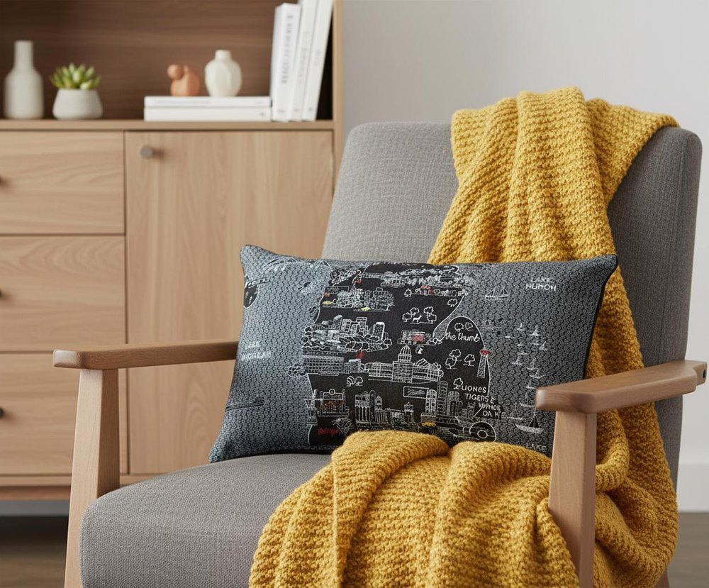 14" X 24" Dark Gray And White Michigan Lower Peninsula Nighttime Skyline Lumbar Decorative Pillow