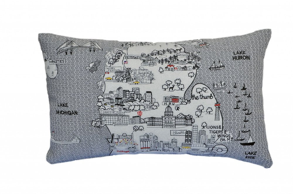 14" X 24" Cream Michigan Lower Peninsula Daylight Skyline Lumbar Decorative Pillow