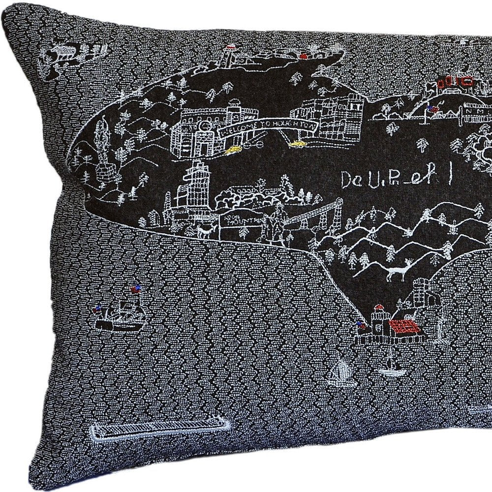 14" X 24" Dark Gray And White Michigan Upper Peninsula Nighttime Skyline Lumbar Decorative Pillow