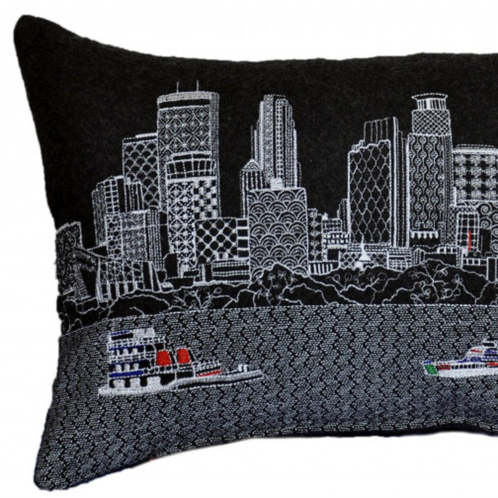 14" X 24" Dark Gray And White Minneapolis Nighttime Skyline Lumbar Decorative Pillow