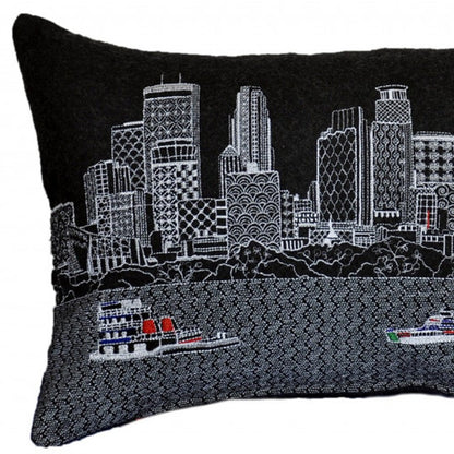 14" X 24" Dark Gray And White Minneapolis Nighttime Skyline Lumbar Decorative Pillow
