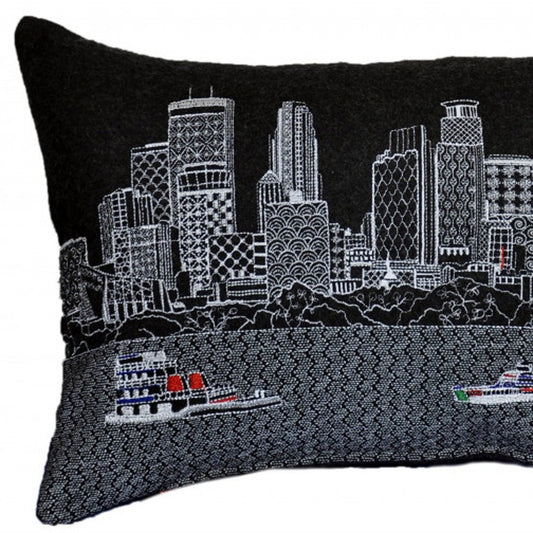 14" X 24" Dark Gray And White Minneapolis Nighttime Skyline Lumbar Decorative Pillow