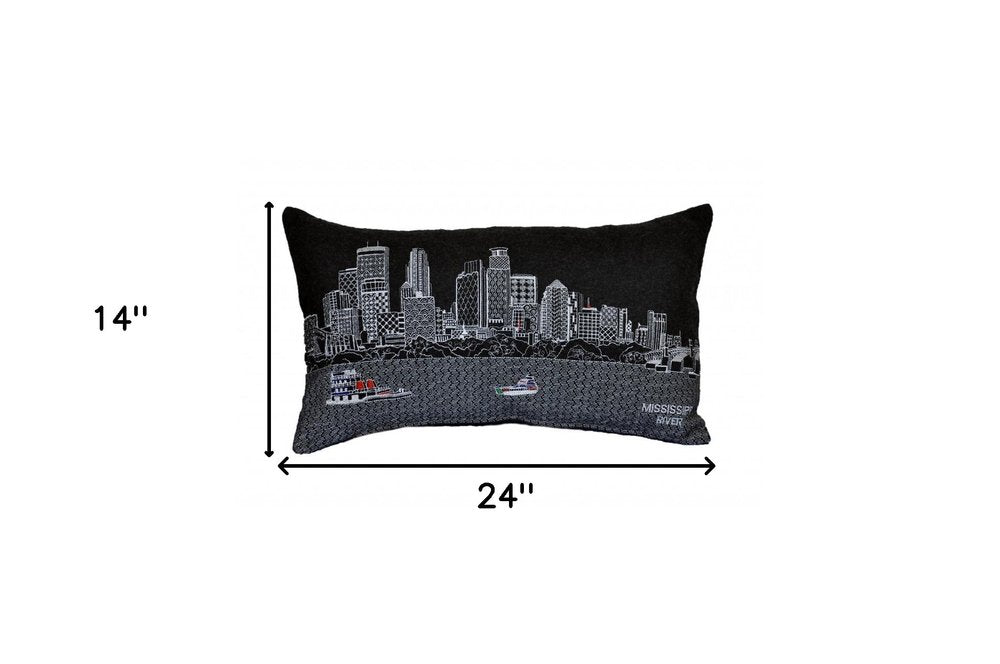 14" X 24" Dark Gray And White Minneapolis Nighttime Skyline Lumbar Decorative Pillow