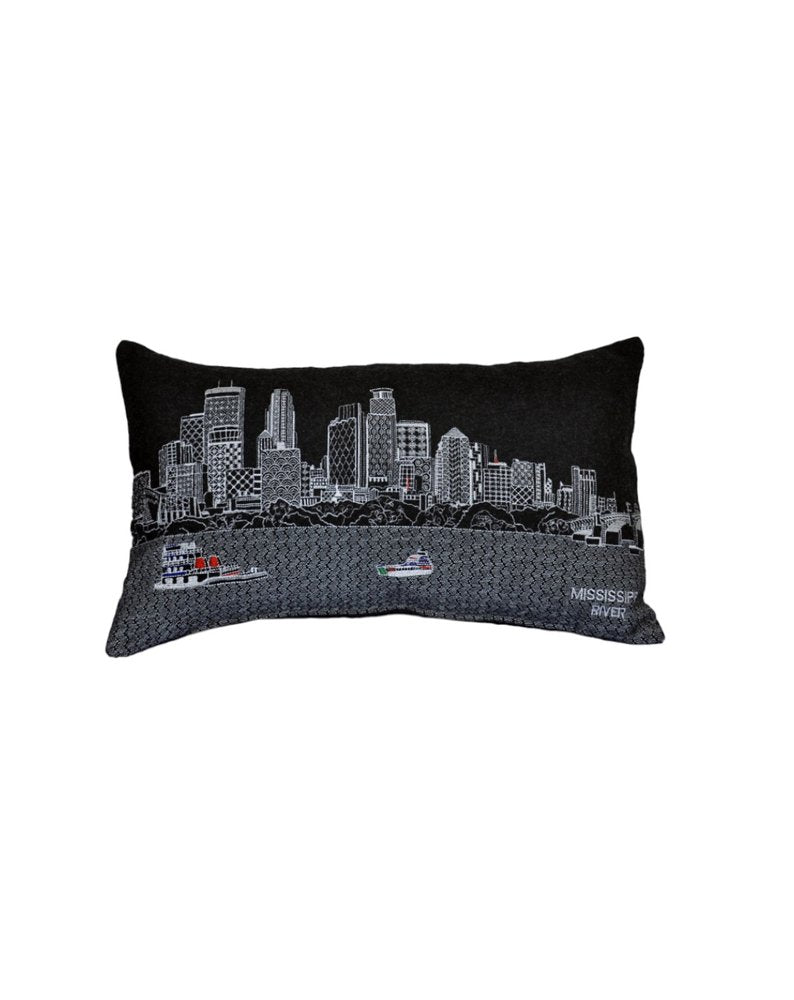 14" X 24" Dark Gray And White Minneapolis Nighttime Skyline Lumbar Decorative Pillow