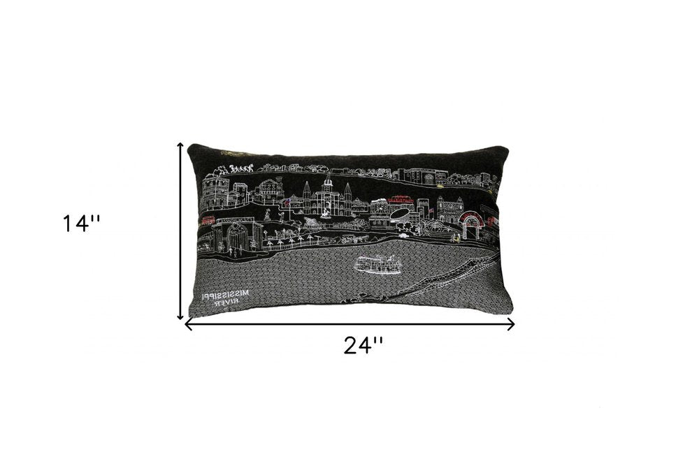 14" X 24" Dark Gray And White New Orleans Nighttime Skyline Lumbar Decorative Pillow