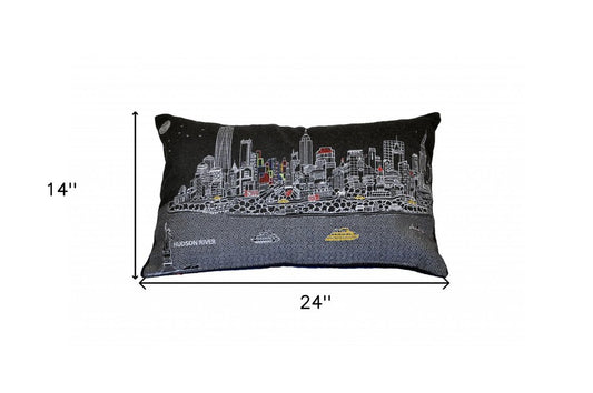 14" X 24" Dark Gray And White NYC Nighttime Skyline Lumbar Decorative Pillow