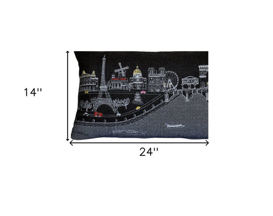 14" X 24" Dark Gray And White Paris Nighttime Skyline Lumbar Decorative Pillow
