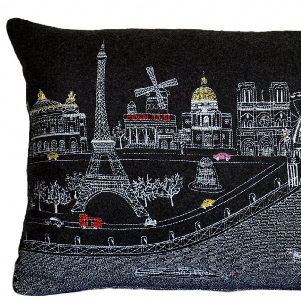 14" X 24" Dark Gray And White Paris Nighttime Skyline Lumbar Decorative Pillow