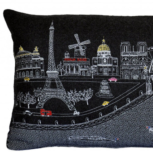 14" X 24" Dark Gray And White Paris Nighttime Skyline Lumbar Decorative Pillow