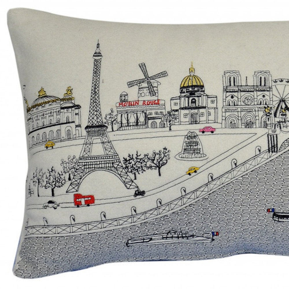 14" X 24" Cream Paris Daylight Skyline Lumbar Decorative Pillow