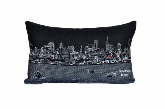 14" X 24" Dark Gray And White Philadelphia Nighttime Skyline Lumbar Decorative Pillow
