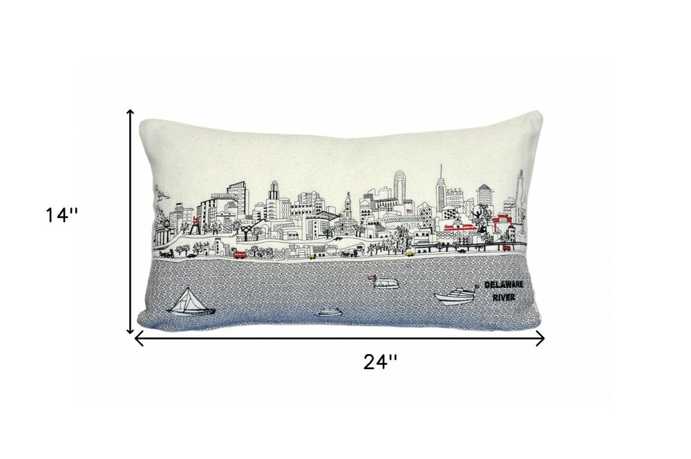 14" X 24" Cream Philadelphia Daylight Skyline Lumbar Decorative Pillow
