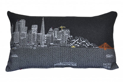 14" X 25" Dark Gray And White San Francisco Nighttime Skyline Lumbar Decorative Pillow