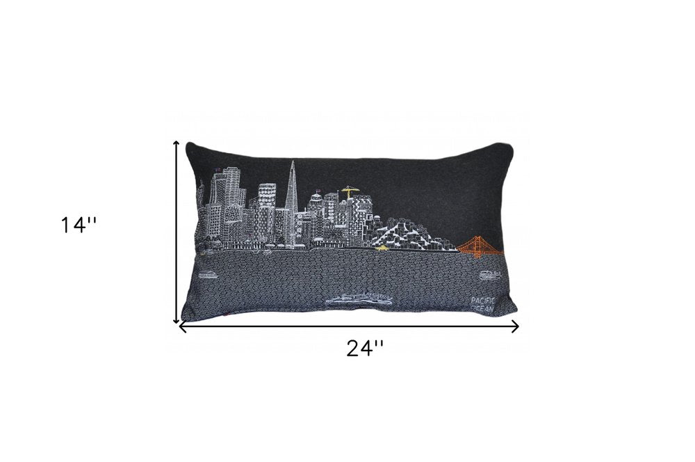 14" X 25" Dark Gray And White San Francisco Nighttime Skyline Lumbar Decorative Pillow