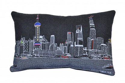 14" X 24" Dark Gray And White Shanghai Nighttime Skyline Lumbar Decorative Pillow
