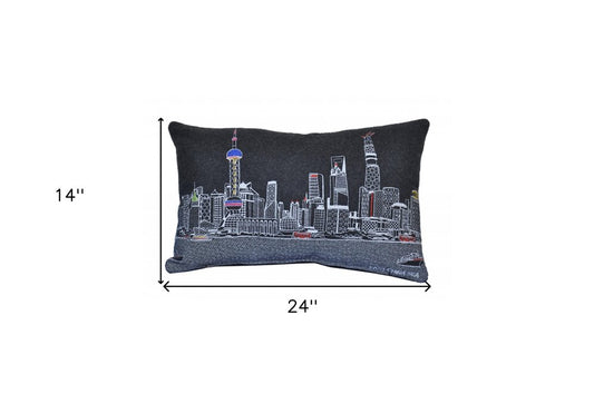 14" X 24" Dark Gray And White Shanghai Nighttime Skyline Lumbar Decorative Pillow